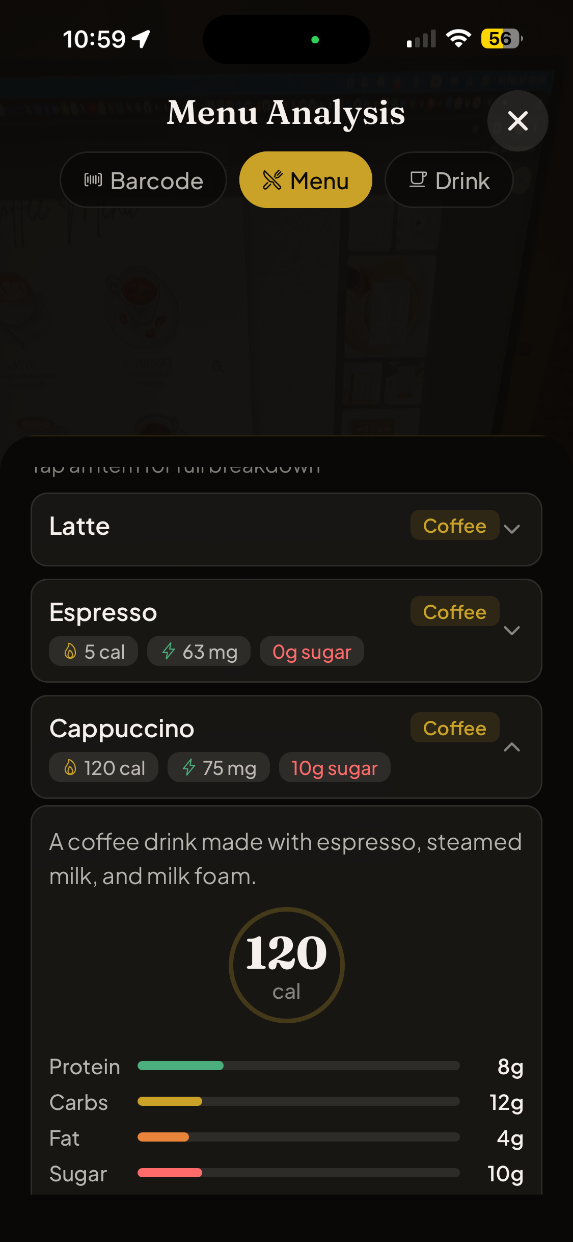 AI-powered menu analysis showing calories, caffeine, sugar, and macronutrient breakdown for each drink