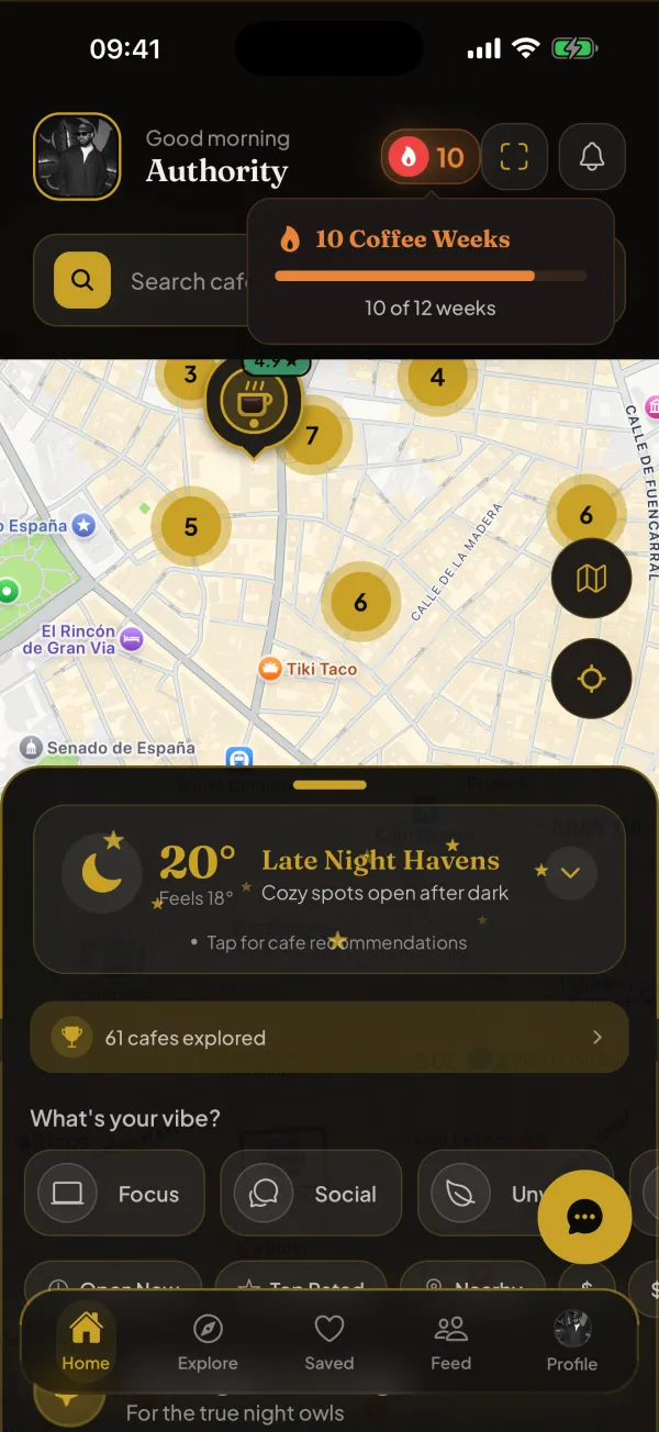 CafeRadar home screen showing a Coffee Weeks streak counter and a contextual cafe recommendation card