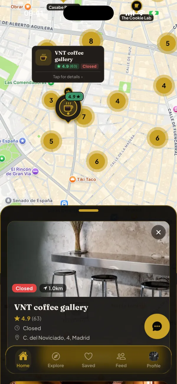 CafeRadar map view with cafe markers and an open cafe preview card showing photos, rating, distance, and address