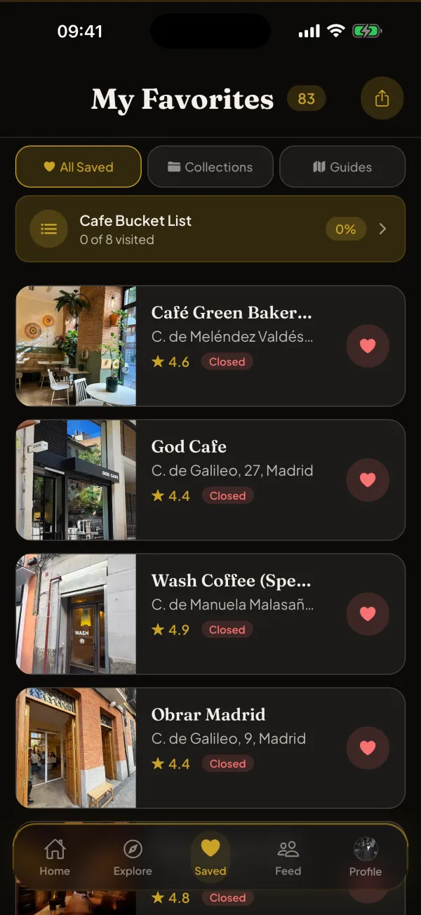 CafeRadar Saved tab showing the user's bucket list and saved cafes with photos, ratings, and addresses