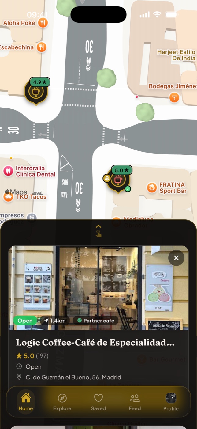 CafeRadar map of specialty cafes with a red partner pin and the Logic Coffee card sliding up