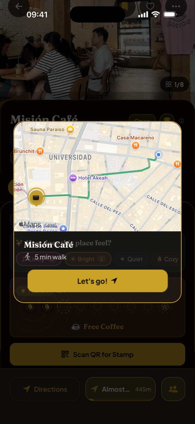 Walking directions to Mision Cafe in Madrid with a live 5 minute walk countdown