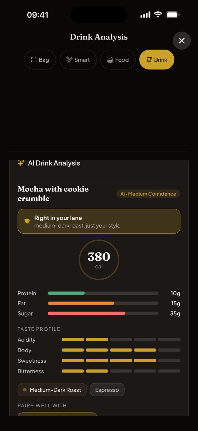 AI drink analysis of a mocha with cookie crumble, 380 calories with protein, fat and sugar bars