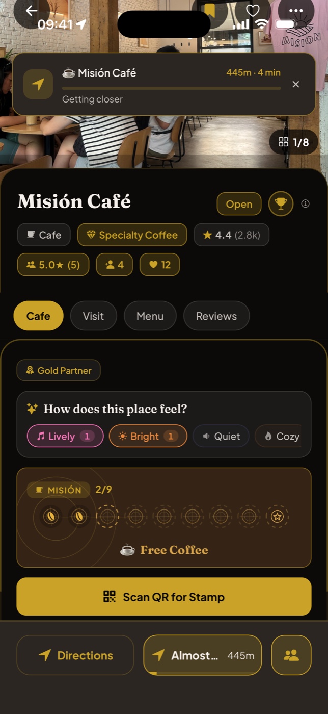 Mision Cafe digital punch card at 2 of 9 stamps toward a free coffee, with a Scan QR for Stamp button