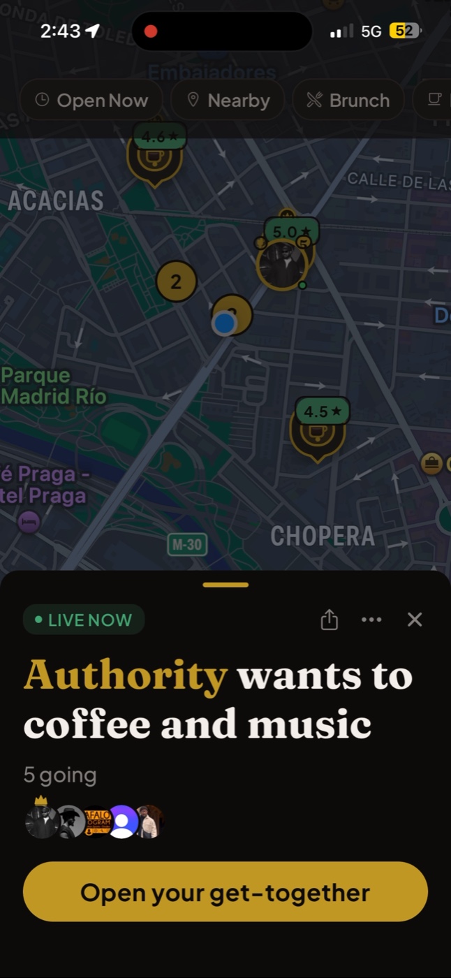 A live coffee meetup on the map with 5 people going and an Open your get together button