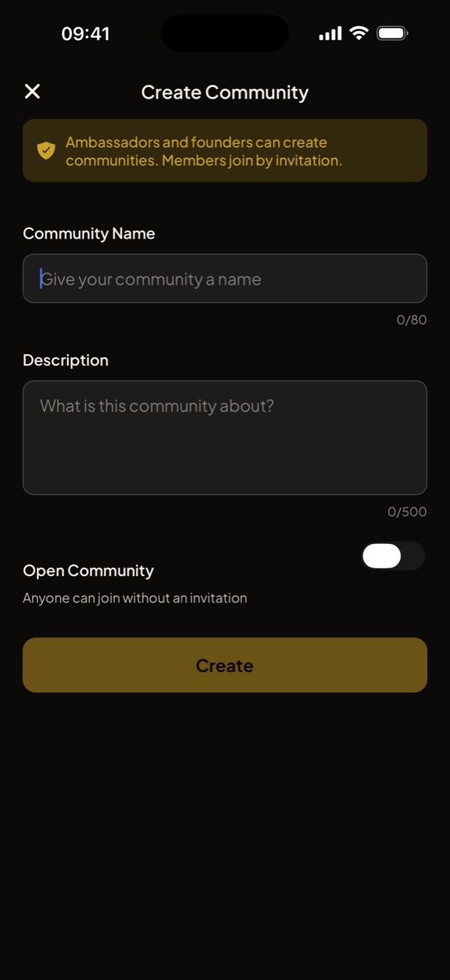 The Create Community screen for starting your own coffee circle